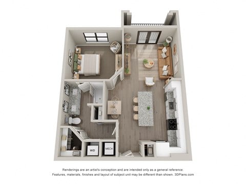 Floor plan for 1 bed, 1 bath, 838 sqft